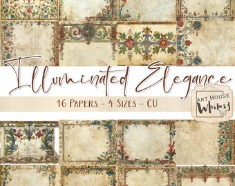 Illuminated Elegance:  Medieval Manuscript Paper, 16 Aged Illumination Designs (CU, Digital Download)