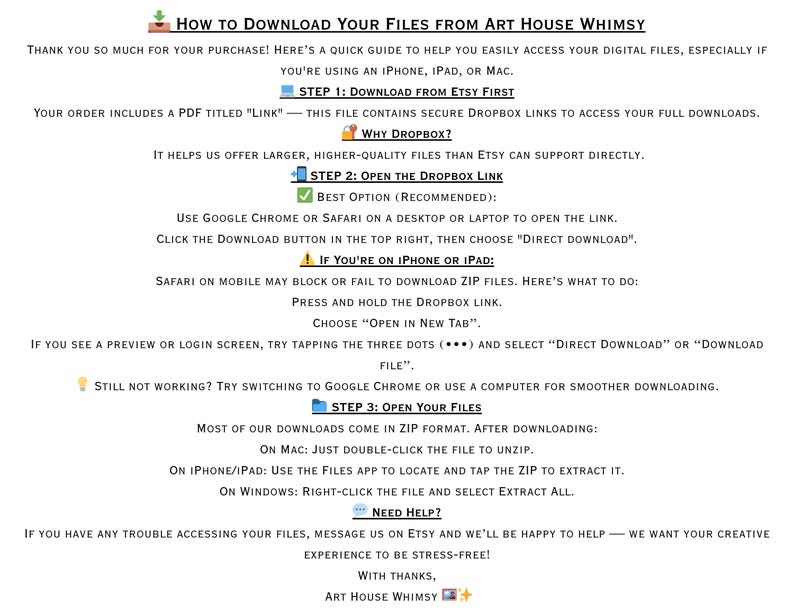 May include: An instructional guide titled How to Download Your Files from Art House Whimsy. It outlines three steps for accessing digital files via Dropbox, including specific troubleshooting tips for iPhone, iPad, Mac, and Windows users to unzip files.