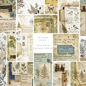 May include: A collection of collage papers featuring vintage-style field notes, botanical sketches, insect illustrations, and handwritten journal entries in sepia, cream, and muted green tones with text including Art House Whimsy Field Notes.