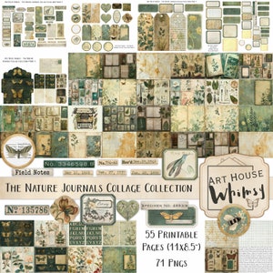 The Nature Journals Collage Collection - Kit vintage Style grunge Nature Field Notes, 55 feuilles de collage (11 x 8,5 po.), 71 png, Junk Journal, CU