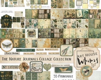 The Nature Journals Collage Collection - Grunge Style Nature Field Notes Vintage Kit, 55 Collage Sheets (11x8.5&quot;), 71 Pngs, Junk Journal, CU