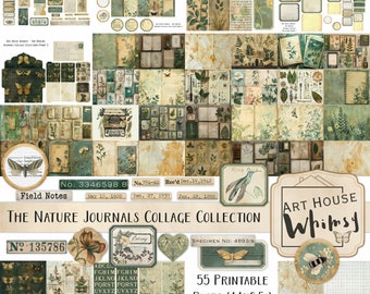 The Nature Journals Collage Collection - Kit vintage de notas de campo de naturaleza estilo grunge, 55 hojas de collage (11x8.5"), 71 Pngs, Junk Journal, CU