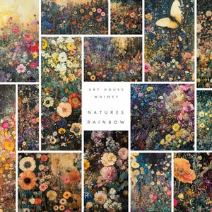 May include: A collage of 16 images featuring a variety of colorful flowers, including poppies, daisies, and wildflowers. The images are arranged in a grid pattern and are set against a dark background. The text "Art House Whimsy" and "Natures Rainbow" is displayed in the center of the collage.