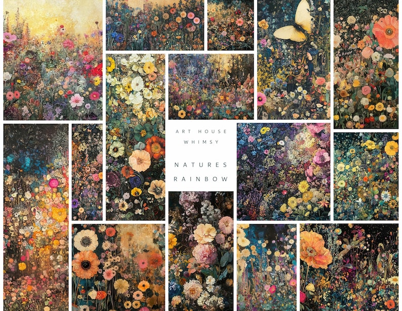 May include: A collage of 16 images featuring a variety of colorful flowers, including poppies, daisies, and wildflowers. The images are arranged in a grid pattern and are set against a dark background. The text "Art House Whimsy" and "Natures Rainbow" is displayed in the center of the collage.