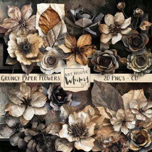 Fiori di carta grunge - Clipart di fiori png scuri e rovinati in stile vintage, risorse digitali, design composito CU Junk Journaling, design digitale