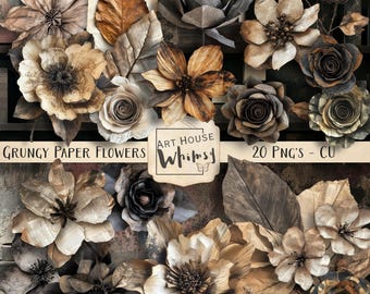 Grungy Paper Flowers Clipart: Vintage Distressed PNG, Commercial Use