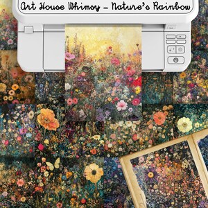 May include: A collage of colorful floral patterns, featuring a variety of flowers in shades of pink, purple, yellow, and orange. The flowers are arranged in a random pattern, creating a whimsical and vibrant design. The text "Art House Whimsy - Nature's Rainbow" is visible at the top of the image.