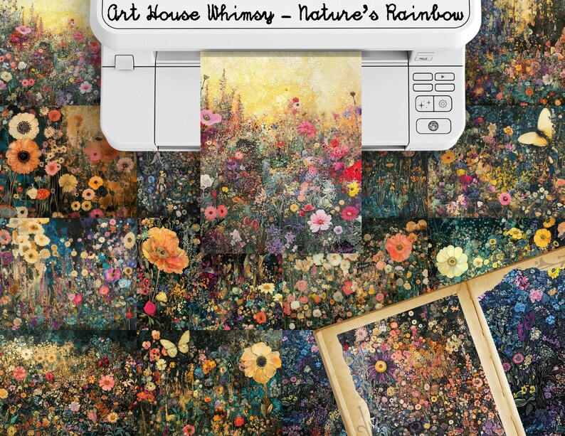 May include: A collage of colorful floral patterns, featuring a variety of flowers in shades of pink, purple, yellow, and orange. The flowers are arranged in a random pattern, creating a whimsical and vibrant design. The text "Art House Whimsy - Nature's Rainbow" is visible at the top of the image.