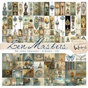 May include: A collection of 96 JPEG designs in four sizes, featuring a variety of Zen-inspired art. The designs include images of Buddha statues, butterflies, flowers, and other spiritual elements, all in a muted color palette with the text "Zen Masters".