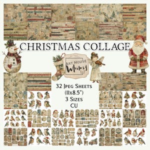 Puede incluir: Una colección digital de 32 hojas de collage navideño que miden 27,9x21,6 cm, con ilustraciones de estilo vintage de Papá Noel, muñecos de nieve, ángeles, pájaros y etiquetas festivas en tonos apagados con el texto CHRISTMAS COLLAGE.