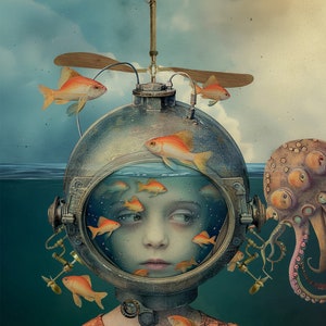 May include: A young person wearing a vintage diving helmet with a propeller and a porthole. The helmet is filled with water and goldfish. An octopus is in the background.