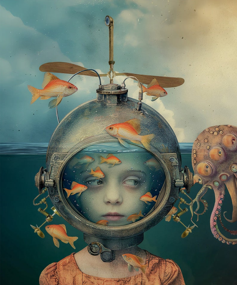 May include: A young person wearing a vintage diving helmet with a propeller and a porthole. The helmet is filled with water and goldfish. An octopus is in the background.