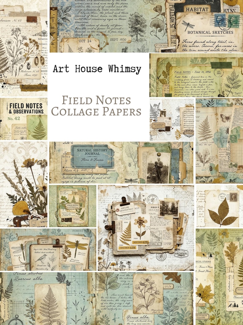 May include: A collection of collage papers featuring vintage botanical illustrations, handwritten script, field notes, and natural history themes in muted earth tones, blues, and creams. The text Art House Whimsy Field Notes Collage Papers is visible.