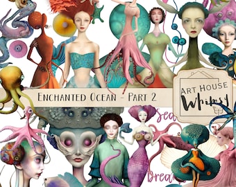 Octopus Ladies Clipart: Whimsical Sea Creatures, Junk Journal (Digital Download)