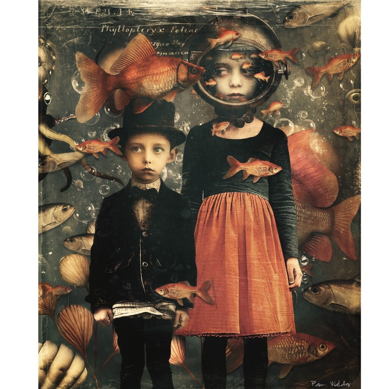 May include: A vintage-inspired illustration of a young girl and boy wearing a diving helmet and a top hat, respectively. They are surrounded by a whimsical underwater scene with fish, bubbles, and seaweed. The text "Phyllopteryx Felina" is visible in the upper left corner.
