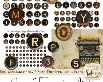 Grunge Typewriter Alpha - Alpha Vintage completo con números, 3 tamaños, Png & Jpeg, CU, Descarga digital, Diarios basura, Arte digital
