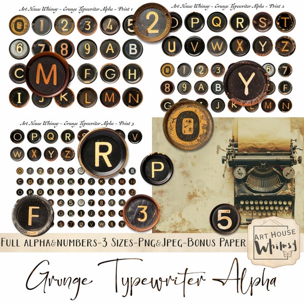 Grunge Typewriter Alpha - Full Vintage Alpha with Numbers, 3 Sizes, Png & Jpeg, CU,  Digital Download, Junk Journals, Digital Art