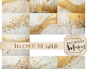 Touched by Gold - 10 Elegant White and Gold Papers/Backgounds (11x8.5"), CU, Wedding, Christmas, Junk Journal, Digital Art