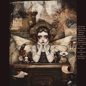 Op de afbeelding: Een fantasievolle illustratie van een jong meisje met grote, expressieve ogen, dat een bril en een steampunk-ge&iuml;nspireerde outfit draagt. Ze heeft delicate, witte vleugels en is omringd door verschillende objecten, waaronder klokken, een kruis en een schedel. De afbeelding is geplaatst op een achtergrond van oud papier en tekst, met de woorden "Office of Broken Dreams" en "Another Day at the Office of Broken Dreams" zichtbaar. Het kunstwerk is in gotische stijl en heeft een donker, sfeervol kleurenpalet.