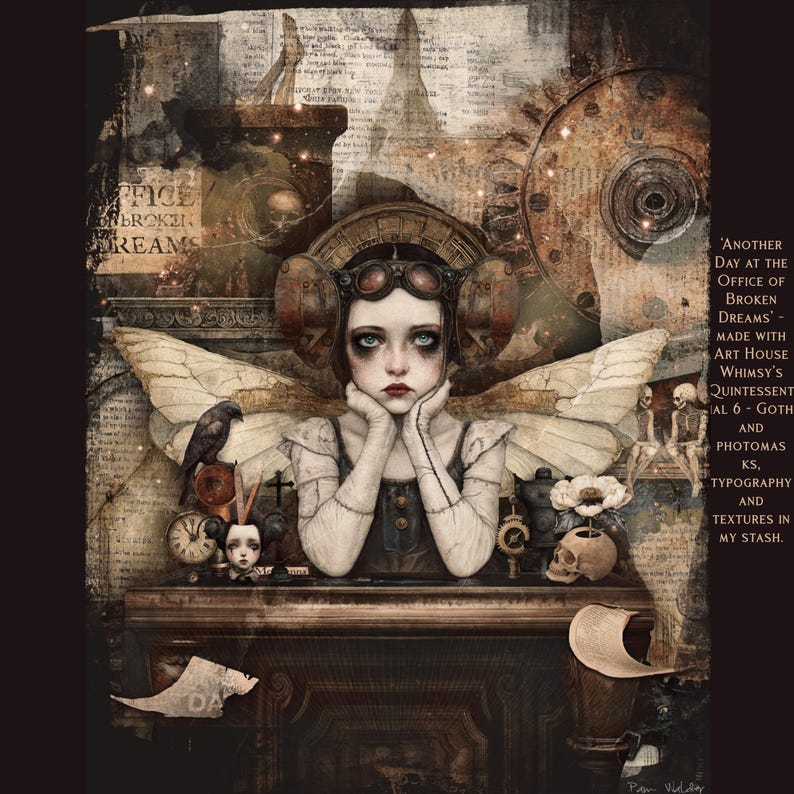 Op de afbeelding: Een fantasievolle illustratie van een jong meisje met grote, expressieve ogen, dat een bril en een steampunk-ge&iuml;nspireerde outfit draagt. Ze heeft delicate, witte vleugels en is omringd door verschillende objecten, waaronder klokken, een kruis en een schedel. De afbeelding is geplaatst op een achtergrond van oud papier en tekst, met de woorden "Office of Broken Dreams" en "Another Day at the Office of Broken Dreams" zichtbaar. Het kunstwerk is in gotische stijl en heeft een donker, sfeervol kleurenpalet.