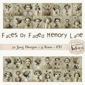 Rostros de recuerdos desvanecidos: personas de estilo vintage, equinácea, tonos sepia claros con flores y alas, 4 tamaños, CU, (32 JPEG digitales de 8.5 x 11")
