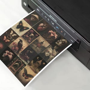 May include: A printed sheet of paper with a collage of 16 images. The images are dark and moody and feature butterflies, flowers, skulls, hearts, and people. The paper is being printed from a black printer.