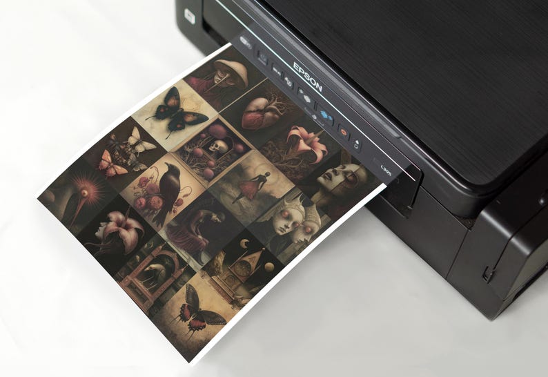 May include: A printed sheet of paper with a collage of 16 images. The images are dark and moody and feature butterflies, flowers, skulls, hearts, and people. The paper is being printed from a black printer.