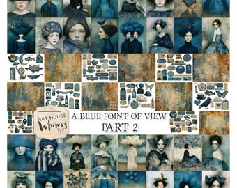 A Blue Point of View 2: Vintage Fantasy Surreal Blue Artistic Collection, Portraits, Papers, Fussy Cuts, 4 Sizes, CU (Digital Download)