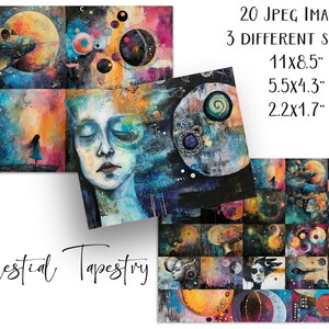 May include: A digital download of 20 celestial-themed images in three different sizes: 11x8.5 inches, 5.5x4.3 inches, and 2.2x1.7 inches. The images feature a variety of colorful abstract designs with moons, stars, and planets.