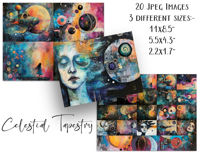 May include: A digital download of 20 celestial-themed images in three different sizes: 11x8.5 inches, 5.5x4.3 inches, and 2.2x1.7 inches. The images feature a variety of colorful abstract designs with moons, stars, and planets.