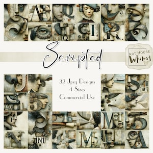 May include: A digital collection of 32 JPEG designs featuring surreal artistic compositions of human faces integrated with letters, numbers, and vintage-style elements. The text reads Scripted, Art House Whimsy, 32 Jpeg Designs, 4 Sizes, Commercial Use.