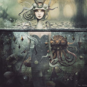 May include: A surreal digital painting of a woman with a crown of tentacles and a large octopus in the background. The woman is wearing a crown with a clock face and has a blue and green dress. The octopus has six eyes and is surrounded by bubbles and other sea creatures.
