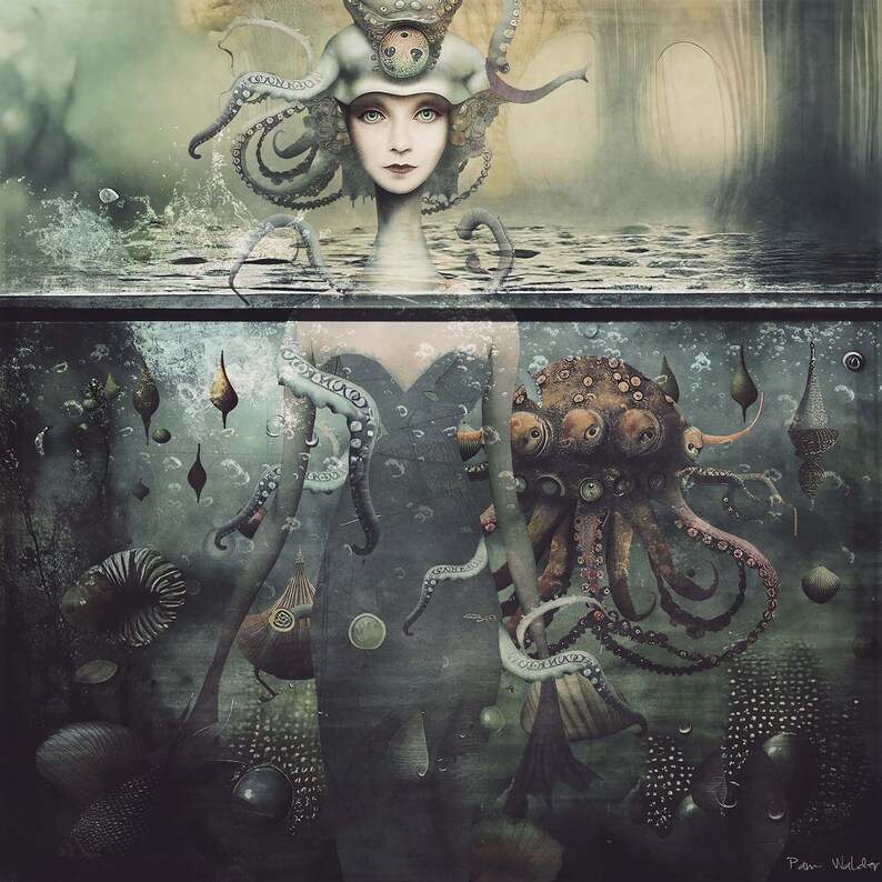 May include: A surreal digital painting of a woman with a crown of tentacles and a large octopus in the background. The woman is wearing a crown with a clock face and has a blue and green dress. The octopus has six eyes and is surrounded by bubbles and other sea creatures.