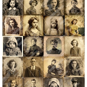 K&ouml;nnte beinhalten: Eine Collage aus 16 Vintage-Schwarzwei&szlig;fotos von Menschen. Die Fotos sind in einem Raster angeordnet und zeigen eine Vielzahl von Personen, darunter Kinder, Erwachsene und Paare. Die Fotos sind alle in Sepia-T&ouml;nen gehalten und haben einen verblassten Look.