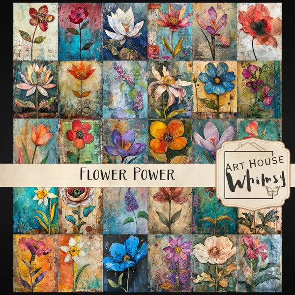 Flower Power, 30 Mixed Media grillige bloembeelden Spring Grunge schilderkunstige bloemen, CU, Jpegs, afdrukbaar, digitale download, 4 maten