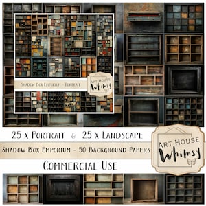 Shadow Box Emporium - 50 vintage grunge-planken/schaduwdoos achtergrondpapier, CU, digitale kunst, junk Journal, 11 x 8,5"