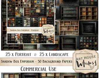 Shadow Box Emporium - 50 Vintage Grunge Shelves/Shadow Box Background Papers, CU, Digital Art, Junk Journal, 11x8.5"