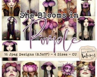She Blooms in Purple:  Whimsical Gothic Flower Girls Art, Purple Floral JPEGs (Digital Download, 8.5x11in