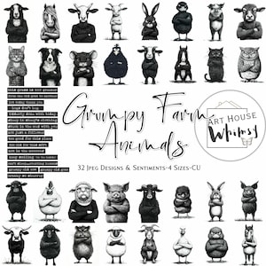 Animales de Granja Gruñones - 32 diseños divertidos y caprichosos en blanco y negro con frases en formato JPEG. 4 tamaños, revistas basura, arte digital.