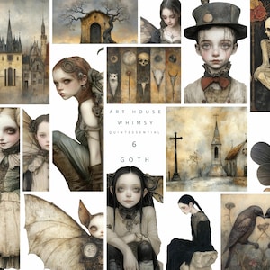 Op de afbeelding: Een collage van gotische illustraties met verschillende personages en sc&egrave;nes. De afbeeldingen bevatten een skeletfiguur, een jong meisje met een kroon, een kerk en een vleermuis met een klok. De tekst "Art House Whimsy Quintessential 6 Goth" wordt in het midden van de collage weergegeven.