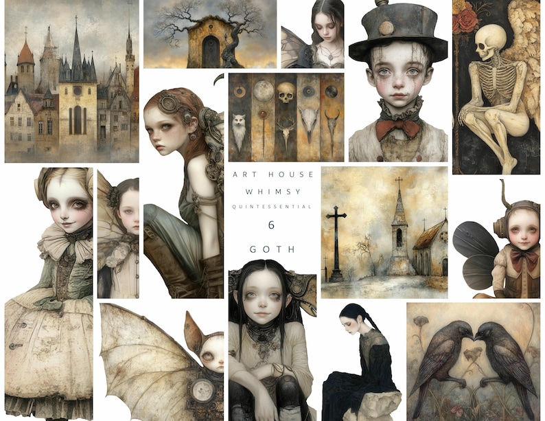 Op de afbeelding: Een collage van gotische illustraties met verschillende personages en sc&egrave;nes. De afbeeldingen bevatten een skeletfiguur, een jong meisje met een kroon, een kerk en een vleermuis met een klok. De tekst "Art House Whimsy Quintessential 6 Goth" wordt in het midden van de collage weergegeven.