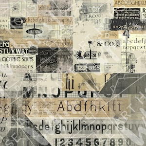 May include: A collage of vintage typography and lettering in black, white, and gray. The image features a variety of fonts and styles, including serif, sans-serif, and script. The text includes the alphabet, numbers, and words like "Photography", "Unique Gothic Series", and "TROSE".