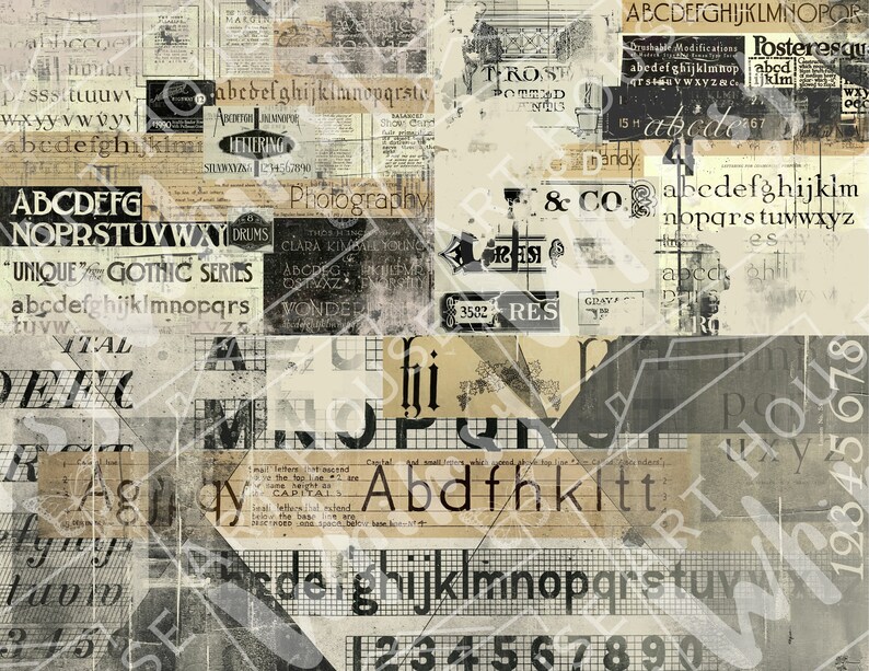 May include: A collage of vintage typography and lettering in black, white, and gray. The image features a variety of fonts and styles, including serif, sans-serif, and script. The text includes the alphabet, numbers, and words like "Photography", "Unique Gothic Series", and "TROSE".