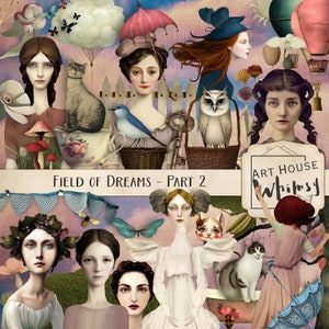 Field of Dreams część 2 - Whimsical Ladies, Elementy projektu kompozytowego, CU, Junk Journal, Pobieranie cyfrowe, 40 obrazów PNG, 12 dokumentów i materiałów do druku