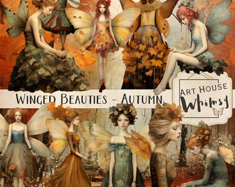 Winged Beauties Autumn, Fall Fairies, Autumn Faeries, Commercial Use, Fall Graphics, 10 Png Elements, 4 Jpeg & 8 Printable Sheets