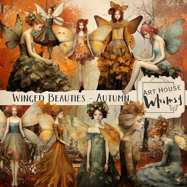 Winged Beauties Autumn, Fall Fairies, Autumn Faeries, Commercial Use, Fall Graphics, 10 Png Elements, 4 Jpeg & 8 Printable Sheets