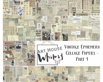May include: A collage sheet of vintage ephemera papers featuring a variety of images, including butterflies, flowers, and text. The sheet is titled "Art House Whimsy Vintage Ephemera Collage Papers - Part 1".