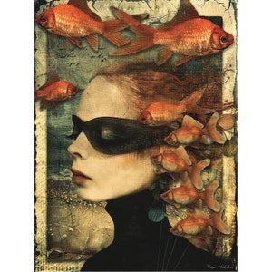 May include: A woman's face is partially obscured by a black eye mask. Her hair is a mix of red and gold, and she is surrounded by a school of goldfish. The background is a vintage, textured, and faded image.