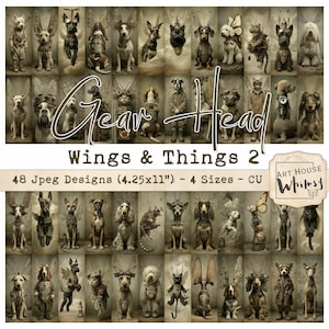 May include: A digital art print featuring a collection of 48 dog and cat illustrations with steampunk-inspired wings and accessories. The artwork includes the text "Gear Head Wings & Things 2" and is available in 4 sizes, each 4.25 x 11 inches.