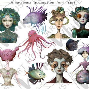 May include: A digital collage of whimsical underwater creatures, including a pink octopus, a blue fish, a mermaid with a crown of seaweed, and a woman with large eyes and a fish-like head.